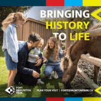 Family petting a horse at Fort Edmonton Park
