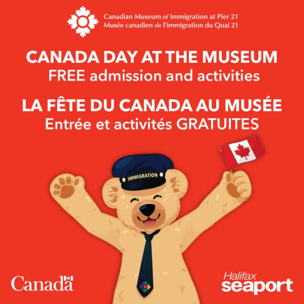 Mascot Fenton the Bear holding a Canada flag on an ad for the Canadian Museum of Immigration Canada Day celebrations