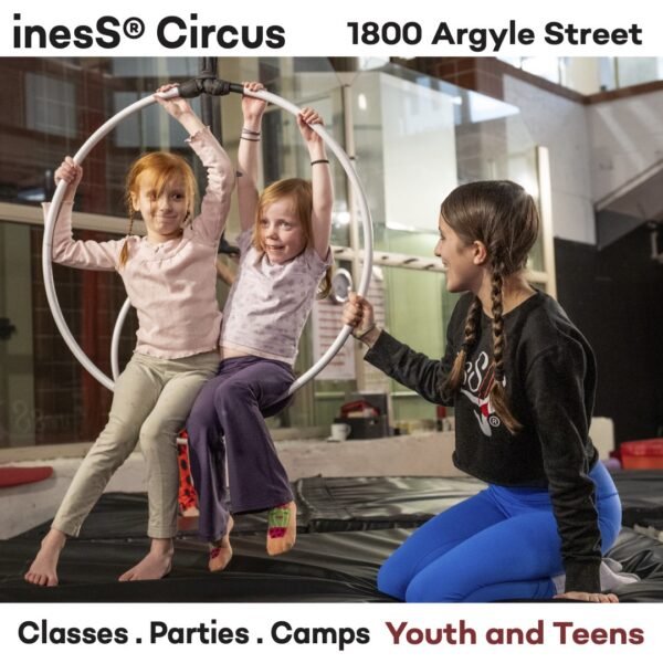 two girls on an aerial hoop with an instructor from inesS Circus