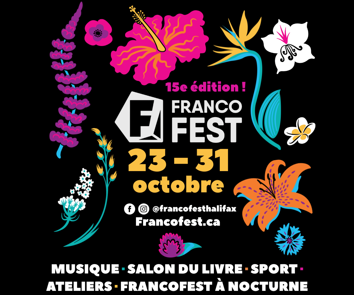 Poster for Francofest 2026, a black background with colourful flowers