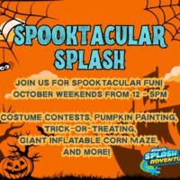 Details of the Spooktacular Splash Halloween activities on an orange Halloween themed background