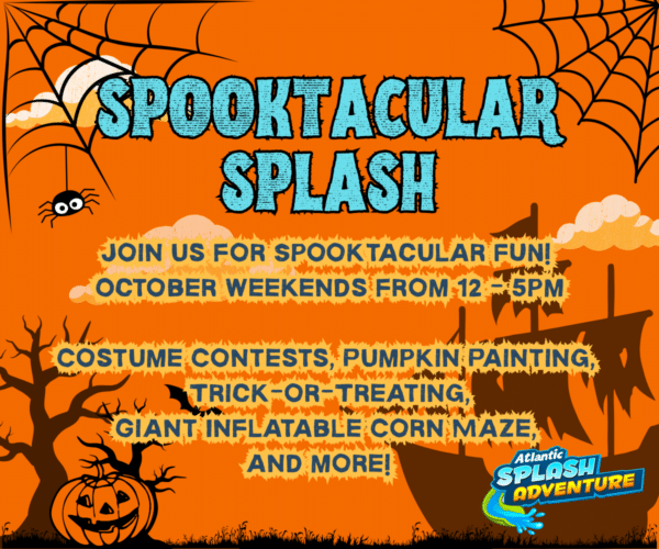 Details of the Spooktacular Splash Halloween activities on an orange Halloween themed background