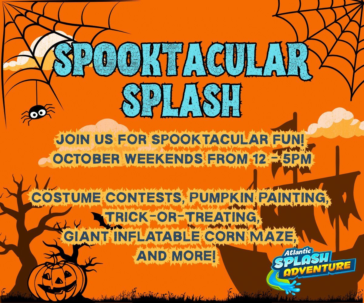 Details of the Spooktacular Splash Halloween activities on an orange Halloween themed background