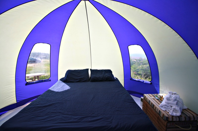 The interior of la bulle/Luxury Bubble Camping at La Salicorne in the Magdalen Islands, by Helen Earley