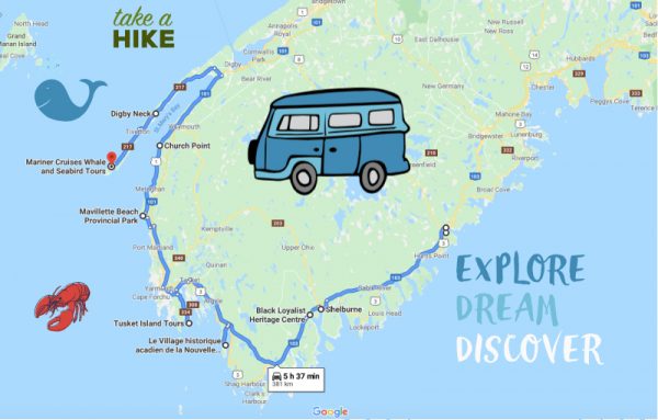 A road trip around Yarmouth and Acadian Shores, map and graphic showing suggested itinerary