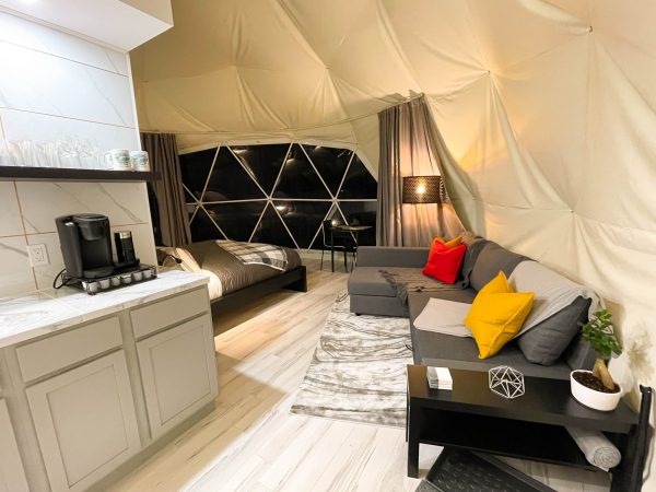 The luxury interior of a Geodesic Dome at Port Wade Glamping near Annapolis Royal 