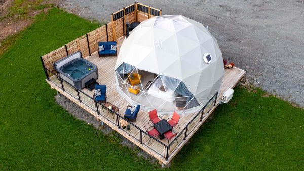Bird's eye exterior view of Geodesic Dome at Valley Sky Glamping showing deck and hot tub
