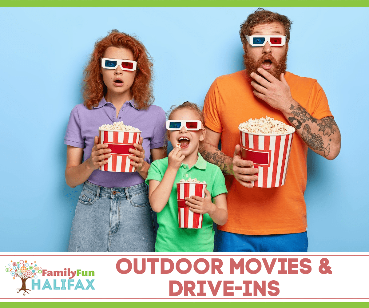 Mom, dad, and child with 3D glasses, shocked looks, and popcorn