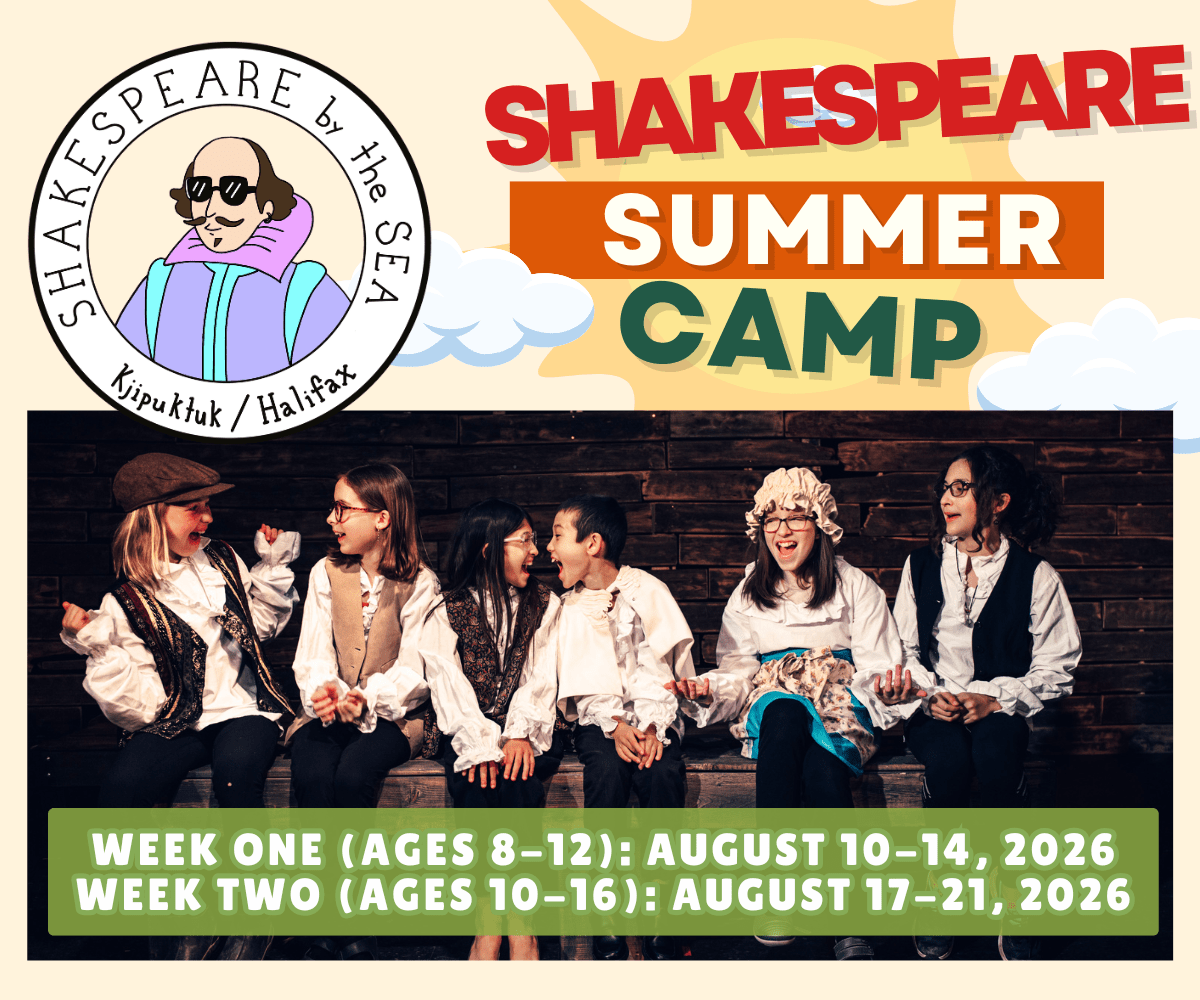 Children dressed in period costumes on and ad for Shakespeare by the Sea Summer Camps