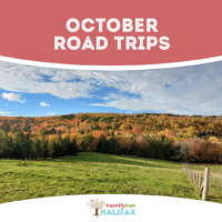A rural NS field with trees with red and orange leaves behind it