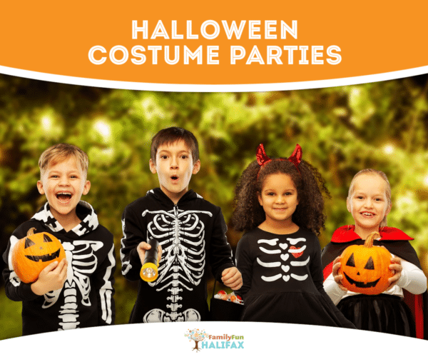 4 children dressed in Halloween costumes, three as skeletons, one as a vampire