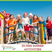 Children standing on playground with 25 free summer activities written below