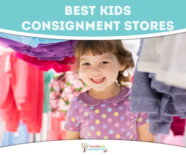 Happy child in between racks of clothes
