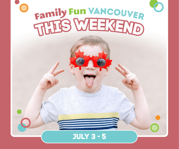 Boy wearing Canada flag glasses sticking his tongue out.