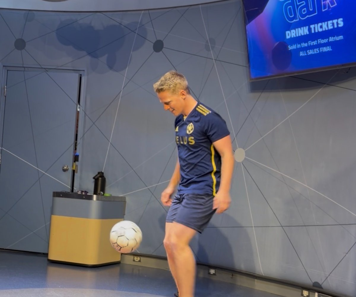 Man bouncing a soccer ball during a performance
