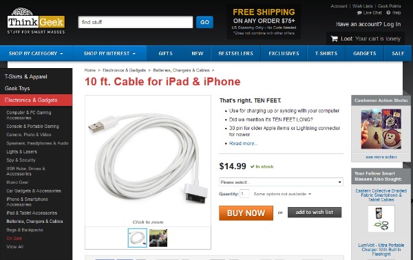 Think Geek 10 foot iDevice cable