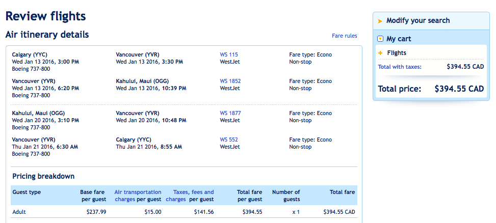 Venta de asientos Westjet