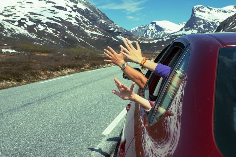 Family Hands out Car Window on Road Trip