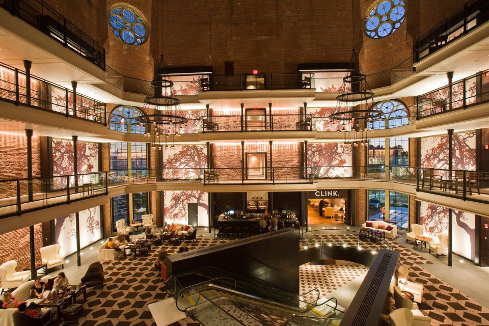 A 90 foot rotunda in the centre of the Liberty Hotel 