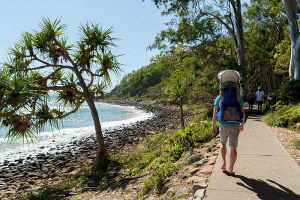 Camping in der Nähe von Brisbane in Noosa Auf Papas Rücken im Noosa-Nationalpark mitfahren. Foto Caroline Faucher