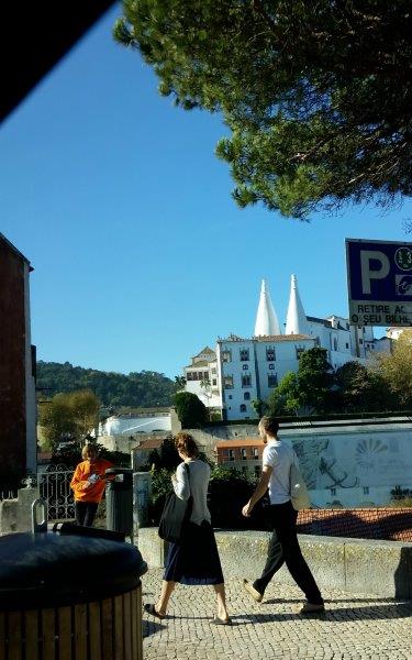 The distinctive white kitchen chimneys of the Pena Palace seen from Sintra - photo Debra Smith