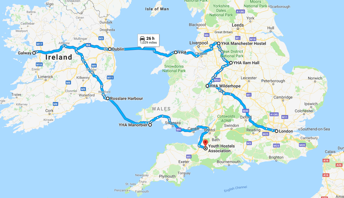 Mapa que muestra el itinerario de autopistas, ferries y albergues juveniles: un viaje familiar por carretera a través de Inglaterra y Gales por la escritora gastronómica y de viajes Helen Earley