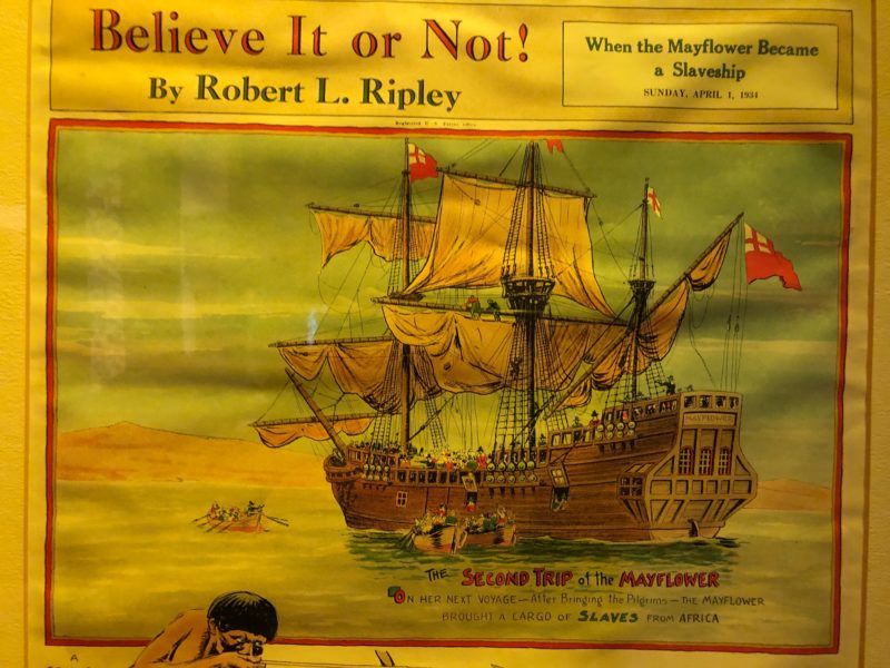 Plakat mit der Behauptung, die Mayflower sei ein Sklavenschiff geworden, Foto von Helen Earley