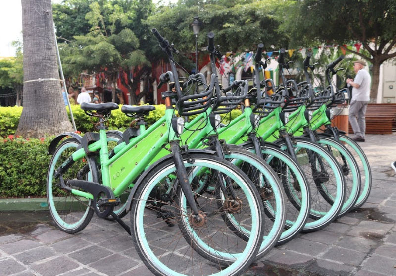 Отличительные зеленые V-образные велосипеды Mazatlan — это веселый и экономичный способ увидеть город. фото Хелен Эрли