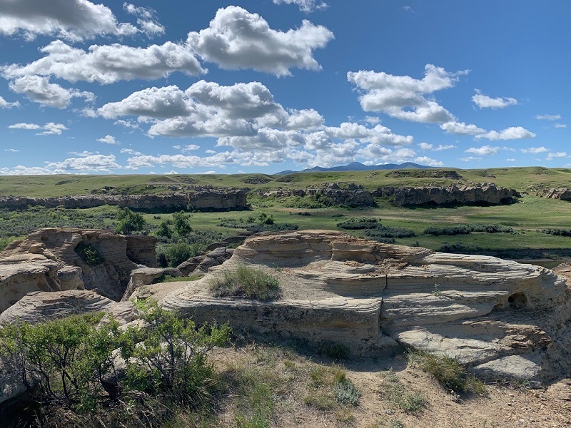Le parc provincial Writing-on-Stone offre des vues vers le sud sur les Sweet Grass Hills du Montana. Photo Carol Patterson