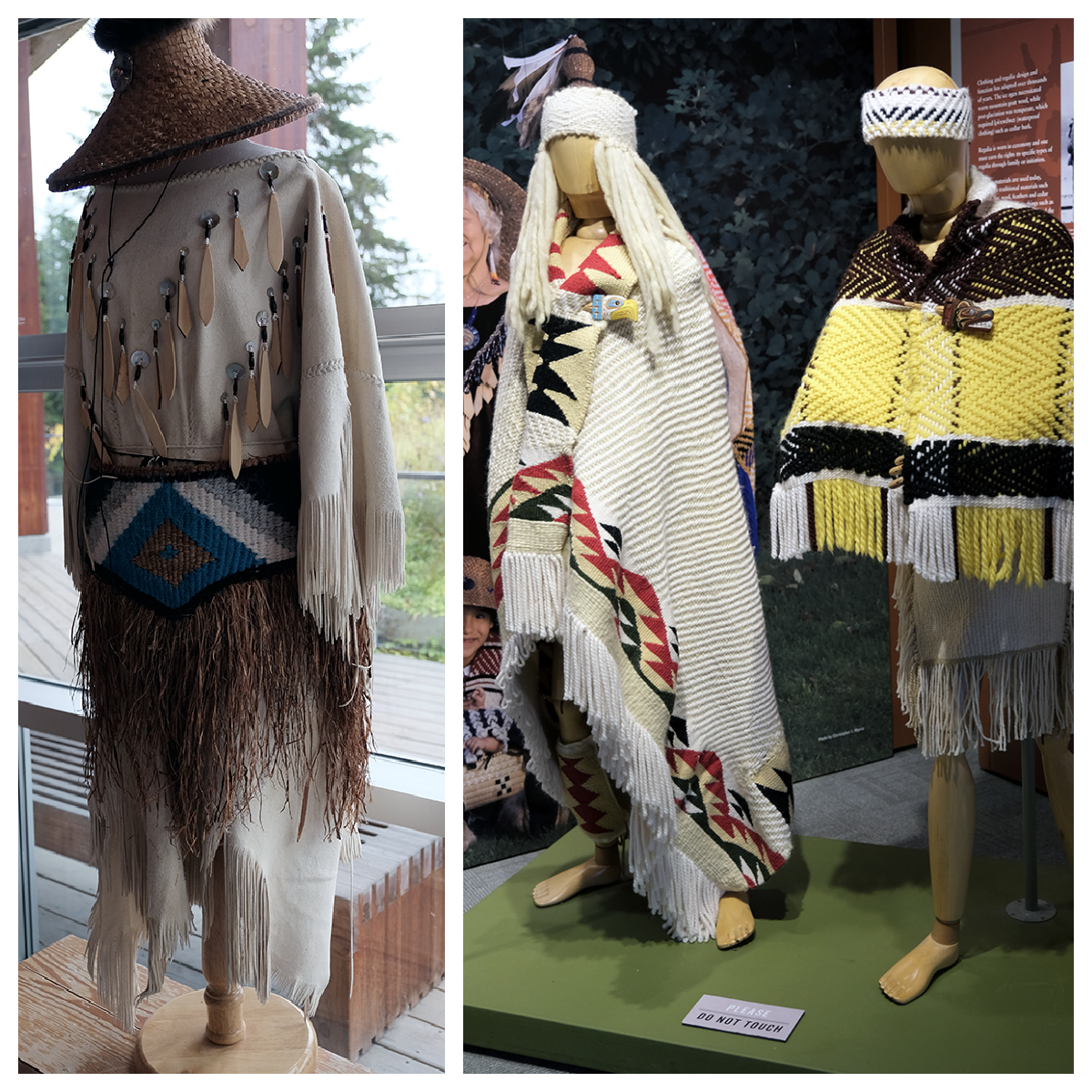 向 Lil'wat 和 Squamish 老师学习 - Lil'wat regalia 在左边， Squamish regalia 在右边。 照片安妮·B·史密斯