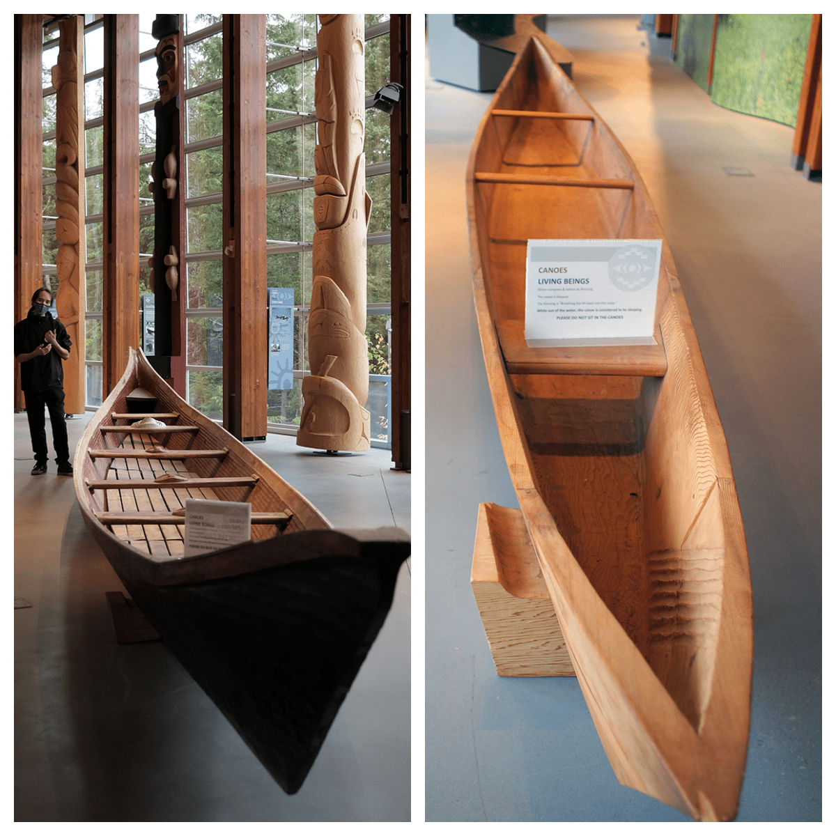 Aprendiendo de los maestros de Lil'wat y Squamish: Qawam cuenta la historia de los Cuatro Hermanos y explica cómo se construyó la canoa de la izquierda. Foto Annie B. Smith