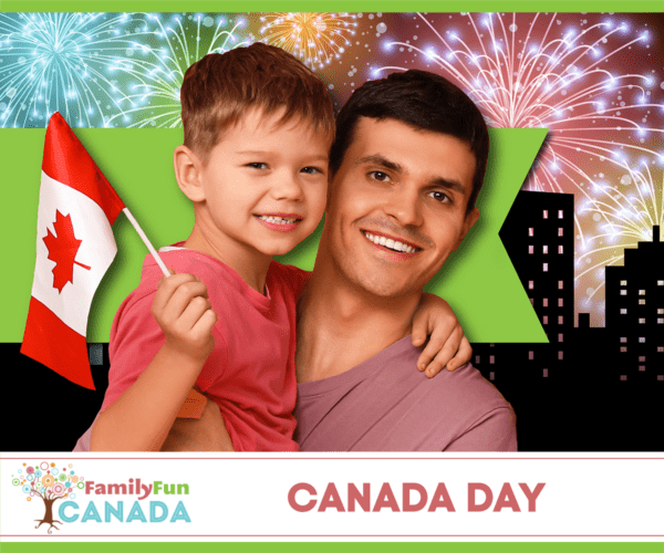 Father and son hugging, boy is holding a Canada flag