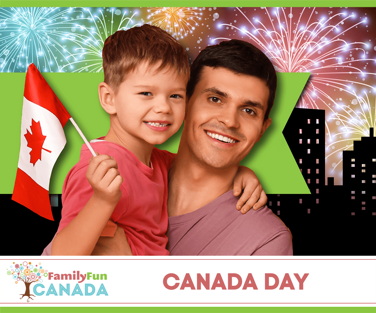 Father and son hugging, boy is holding a Canada flag