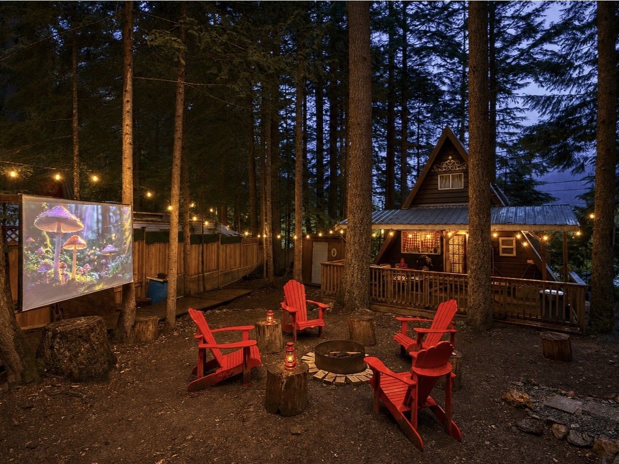 Outdoor Movie and Fire Pit at the Magic Mushroom Cabin