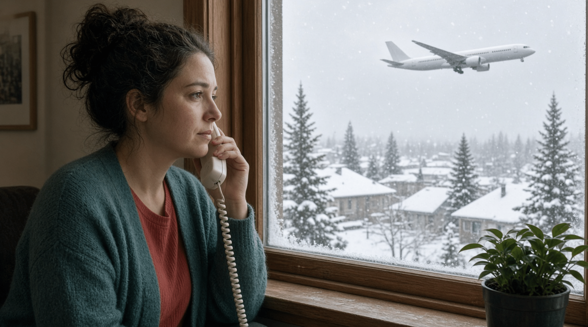 Woman looking out the window on a snowy day with airplane flying by.